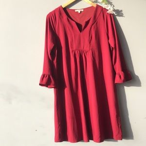 Andrew by Unit Anthropologie Dress Burgundy Red Merlot 3/4 Sleeves V-Neck Boho h